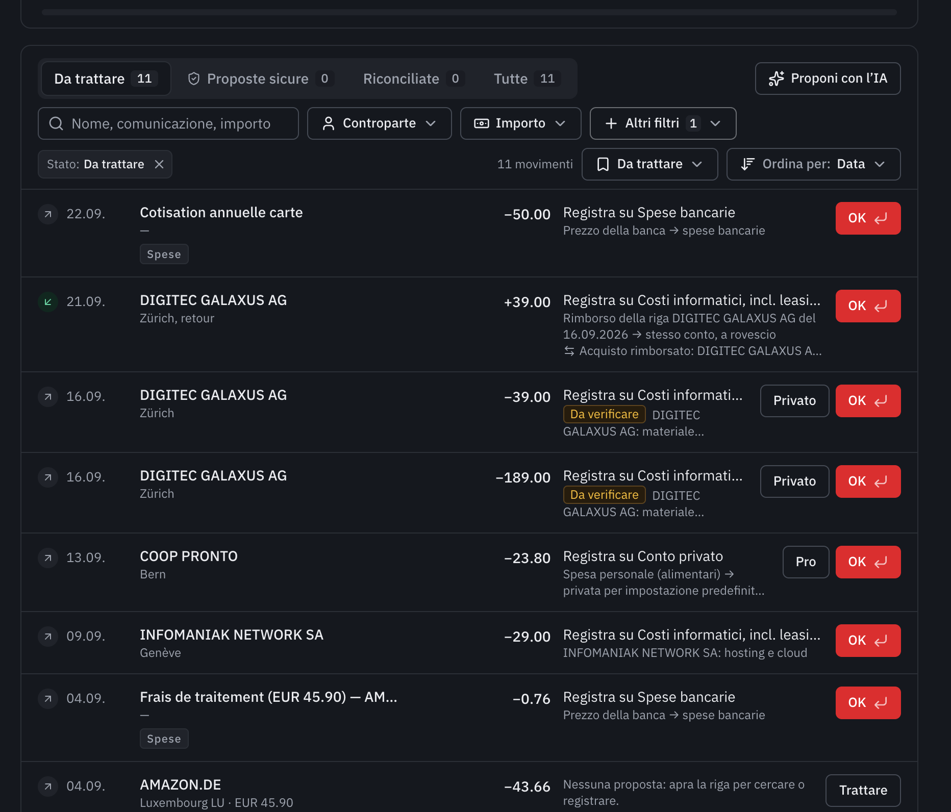 Le righe della carta Visa Business da trattare: la quota annuale e le spese di elaborazione proposte come spese bancarie, un rimborso di Digitec Galaxus sul conto dell’acquisto, Infomaniak sui costi informatici e un acquisto Amazon in euro.