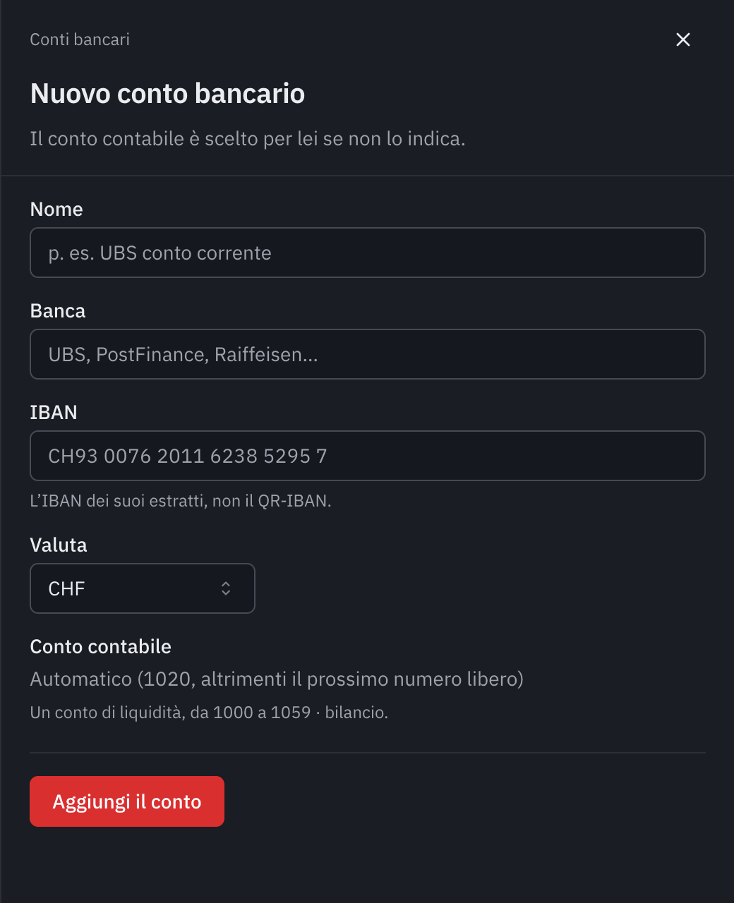 Il modulo Nuovo conto bancario: il nome, la banca, l’IBAN, la moneta, il conto contabile automatico e il pulsante Aggiungere il conto.