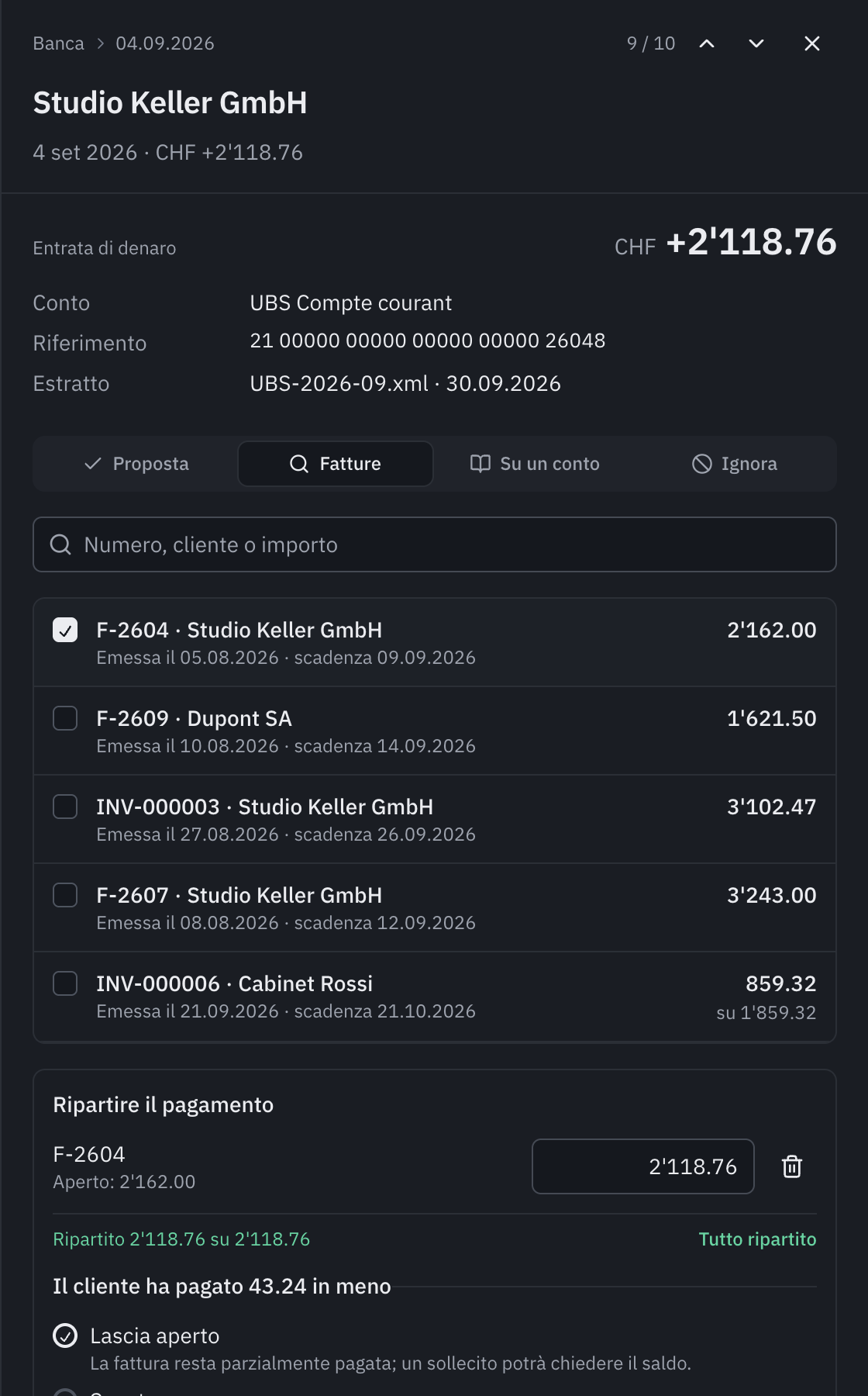 La ripartizione di un pagamento di 2’118.76 sulla fattura F-2604 di 2’162.00 e le tre scelte per i 43.24 mancanti: Lasciare aperto, Sconto concesso, Spese bancarie trattenute dal cliente.
