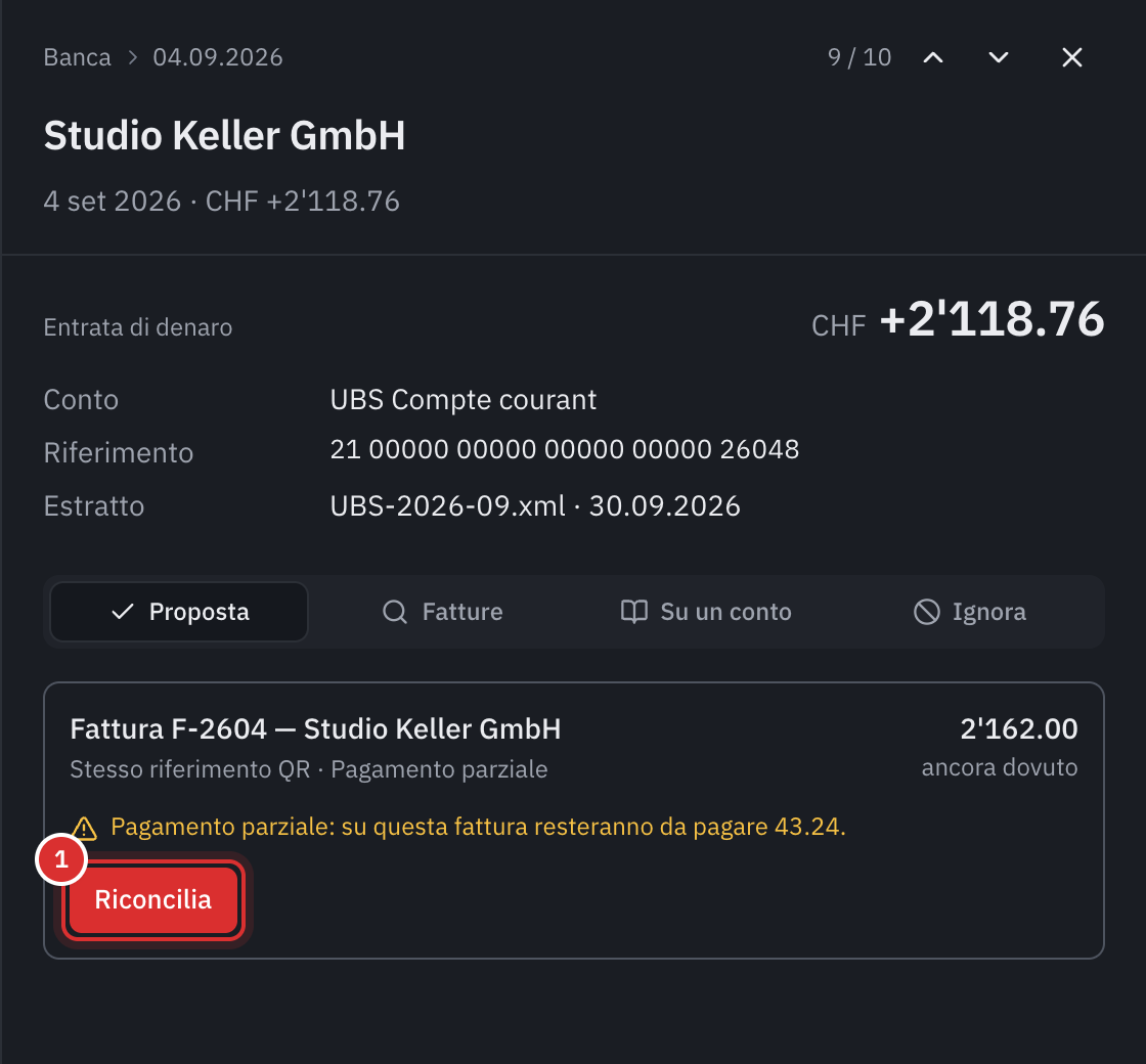 Una riga aperta: Studio Keller GmbH, CHF 2’118.76, con la proposta Fattura F-2604, pagamento parziale, resteranno da pagare 43.24, e il pulsante Riconciliare.