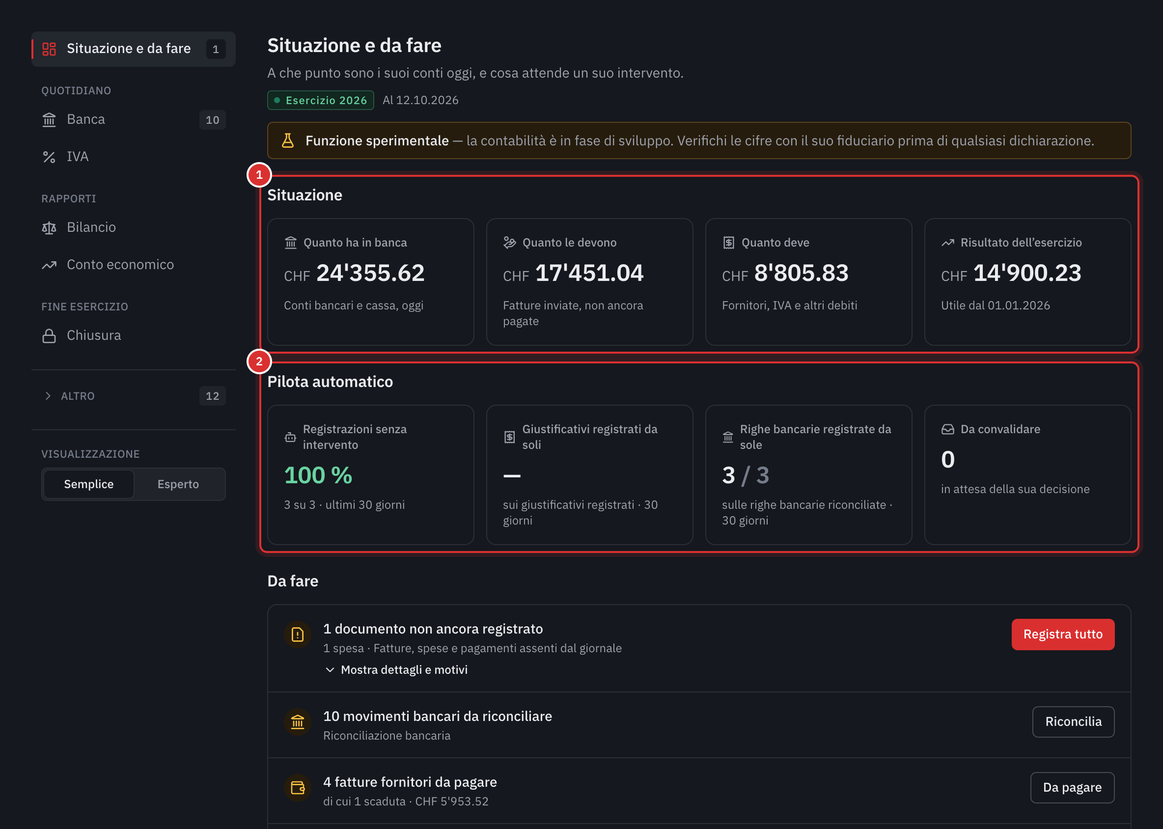 La pagina Situazione e da fare: quattro cifre della situazione, il pilota automatico e l’inizio dell’elenco Da fare.