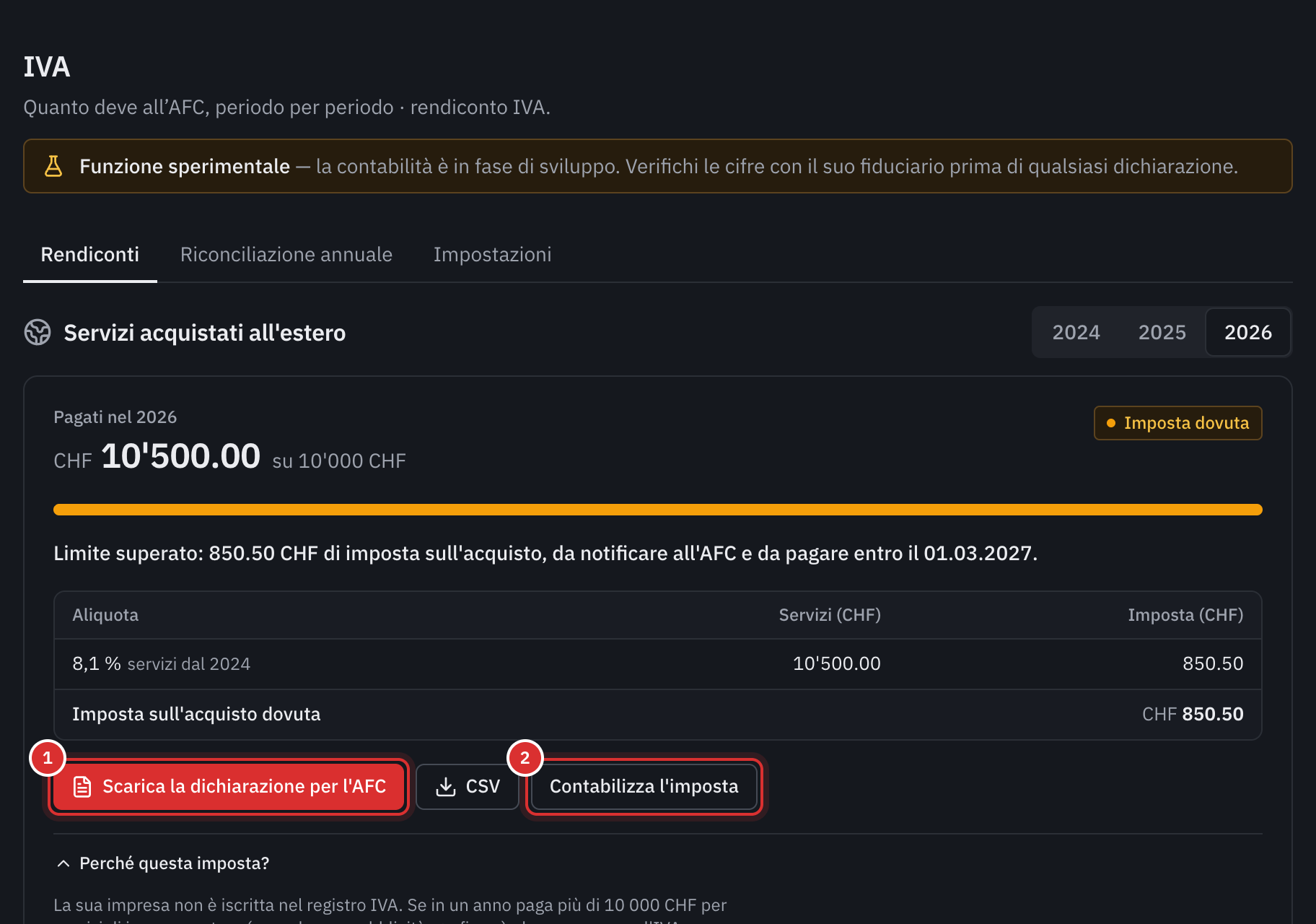 Il riquadro Servizi acquistati all’estero: CHF 10'500 pagati nel 2026 su un limite di CHF 10'000, l’imposta dovuta di CHF 850.50 e i pulsanti Scaricare la dichiarazione per l’AFC e Contabilizzare l’imposta.