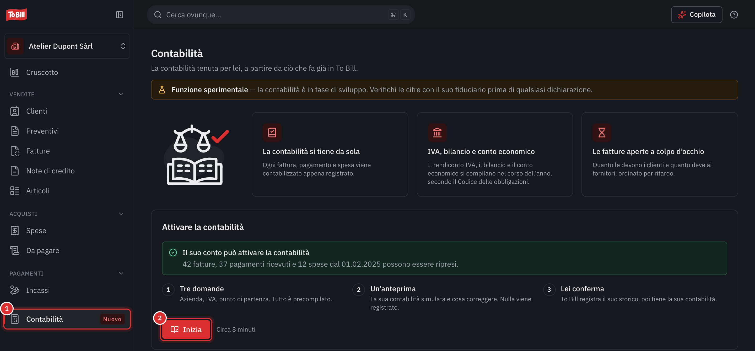 La pagina Contabilità prima dell’attivazione: la voce di menu Contabilità contrassegnata con Nuovo e il pulsante Iniziare.