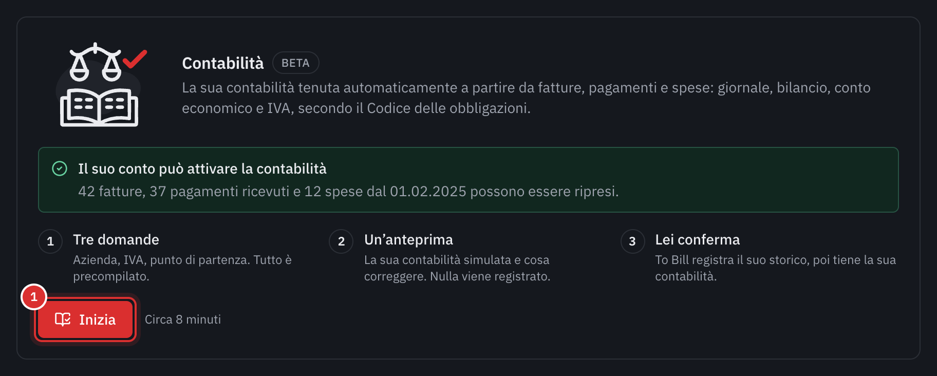 La scheda Contabilità in Impostazioni, Moduli, con il pulsante Iniziare.