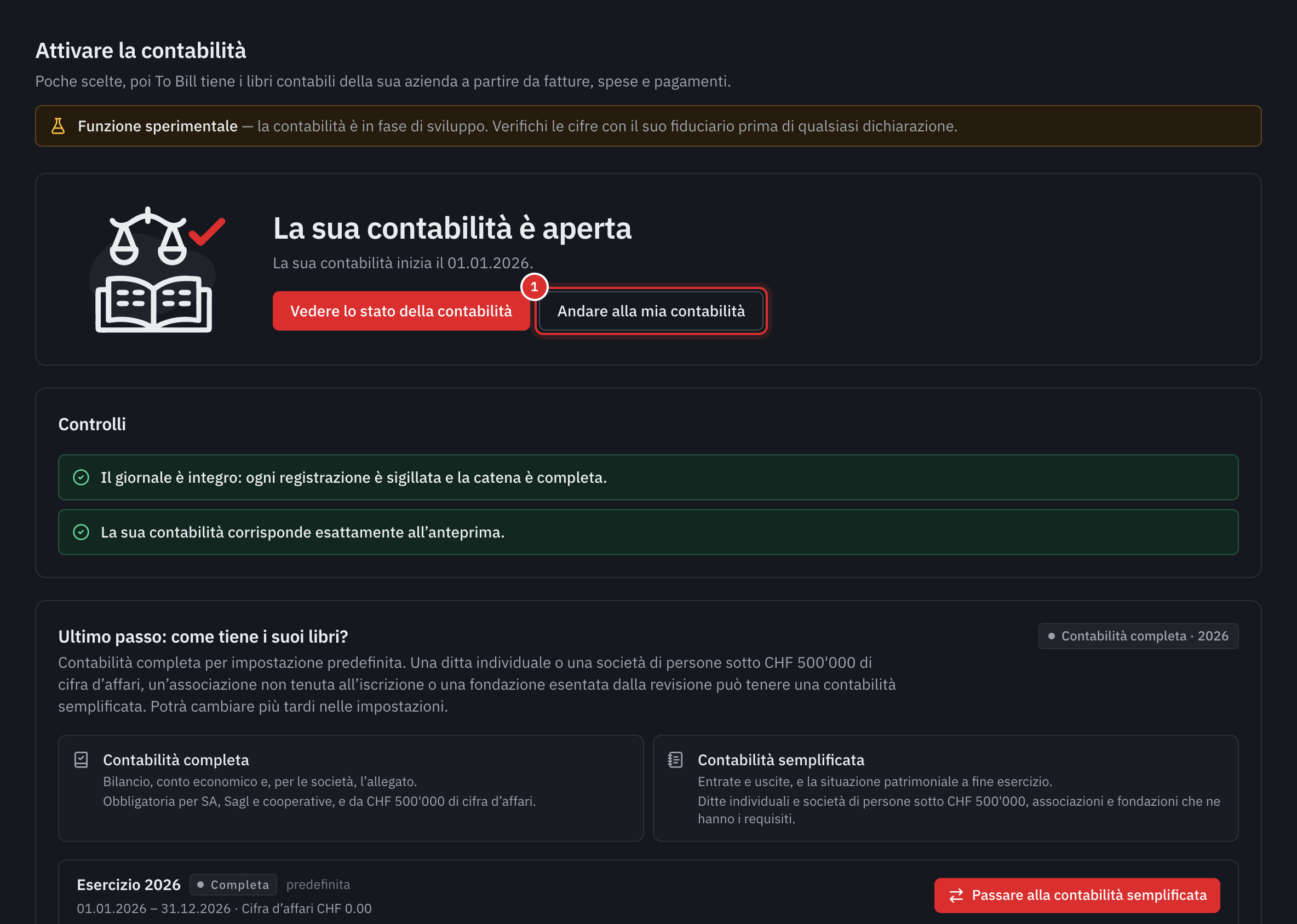 La schermata La sua contabilità è aperta, con i controlli e la scelta del tipo di tenuta dei libri.