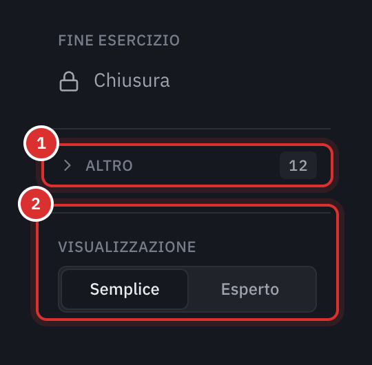 Il fondo del menu della contabilità: il gruppo Altro chiuso, con il numero di giustificativi in attesa, e la scelta della visualizzazione Semplice o Esperto.