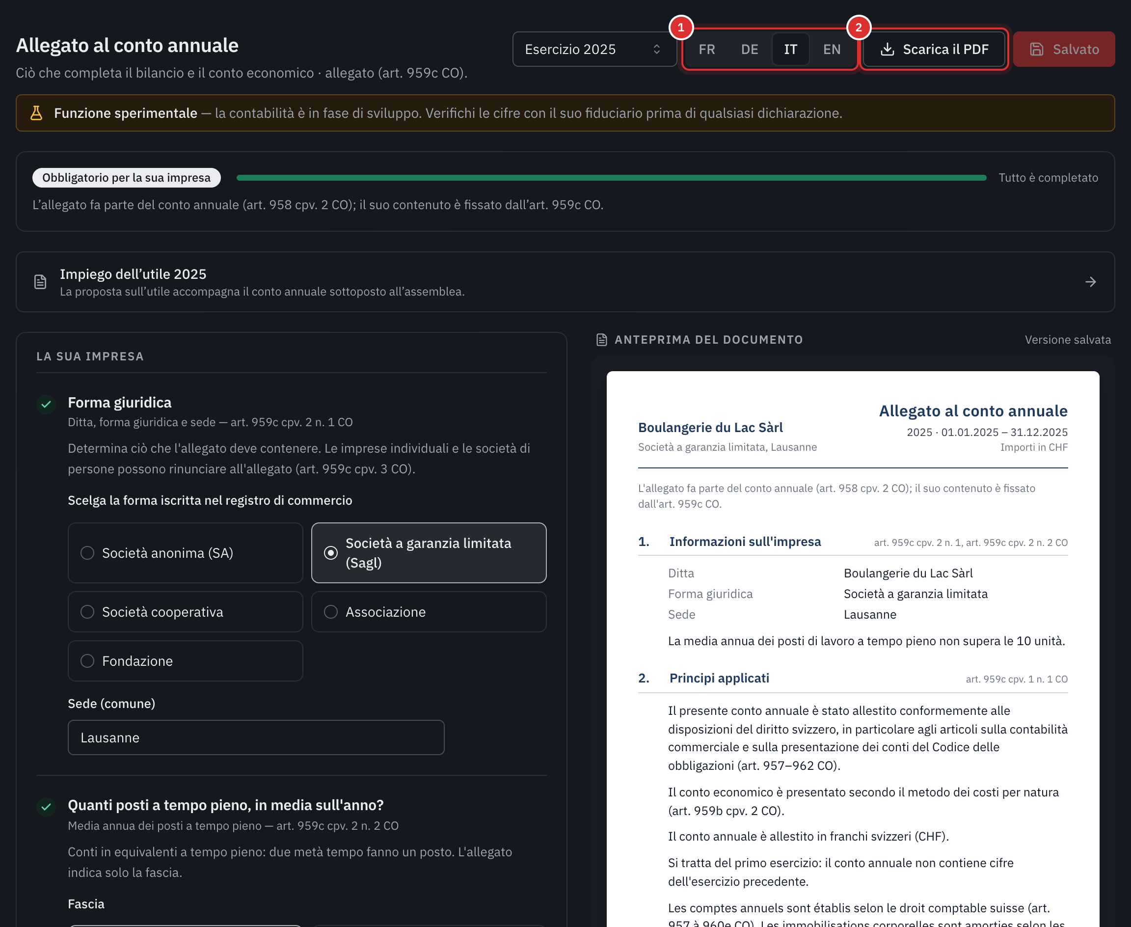 L’allegato 2025: la lingua del documento, il pulsante Scarica il PDF, la barra Tutto è completato, le domande sull’azienda a sinistra e l’anteprima del documento a destra.