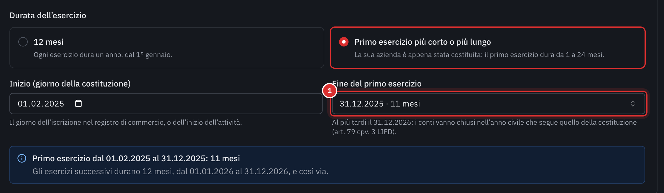 Il suo primo esercizio: Primo esercizio più corto o più lungo scelto, dal 01.02.2025 al 31.12.2025, cioè 11 mesi.