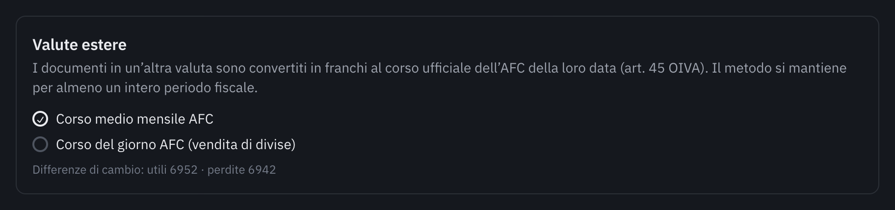 La scheda Valute estere delle impostazioni: il corso medio mensile dell’AFC scelto, il corso del giorno come opzione e i conti delle differenze di cambio.