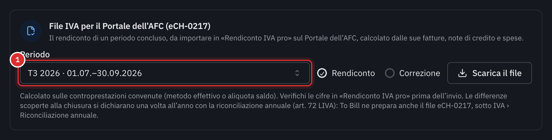 La scheda File IVA per il Portale dell’AFC (eCH-0217) delle esportazioni: il periodo, il tipo Rendiconto o Correzione e il pulsante Scarica il file.