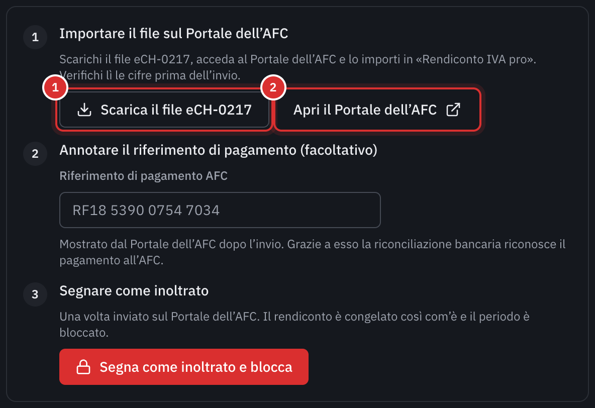 Il passaggio Importare il file sul Portale dell’AFC, con i pulsanti Scarica il file eCH-0217 e Apri il Portale dell’AFC.
