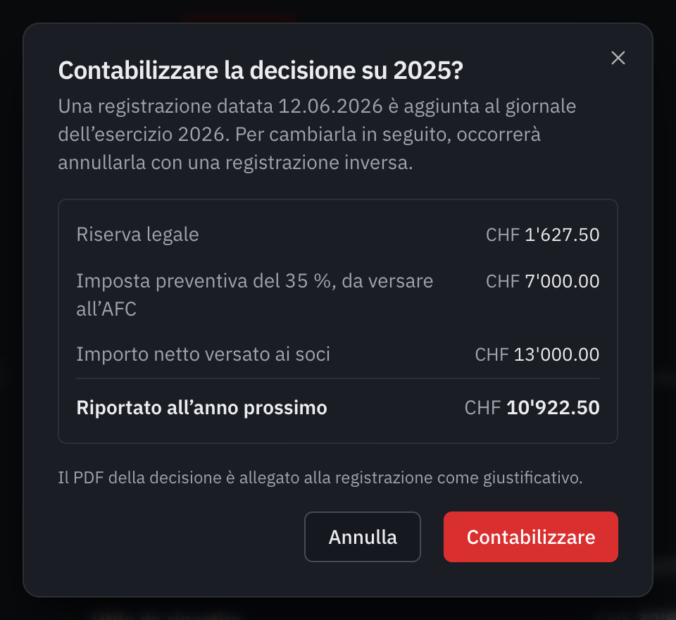 La finestra Contabilizzare la decisione su 2025?: la registrazione datata 12.06.2026, la riserva legale, l’imposta preventiva, l’importo netto e il riporto.