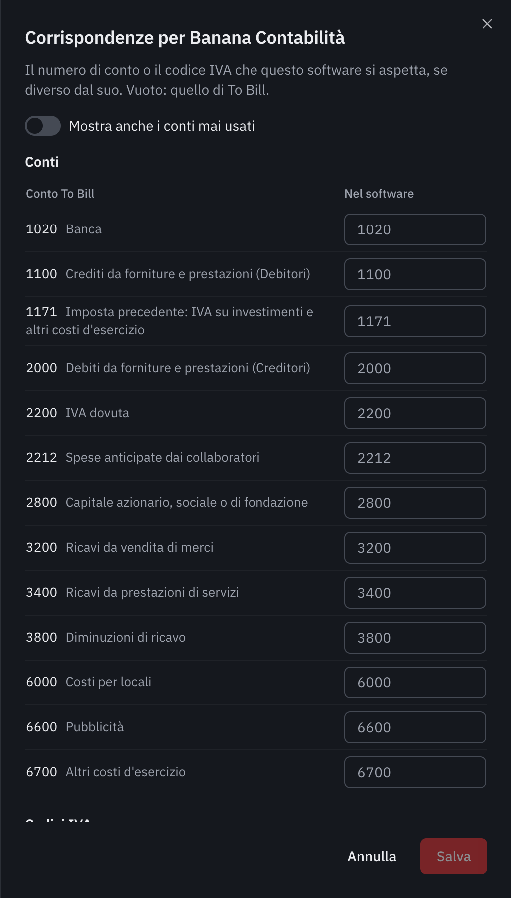 La finestra Corrispondenze per Banana Contabilità: i conti utilizzati e i codici IVA, con il valore atteso dal software.