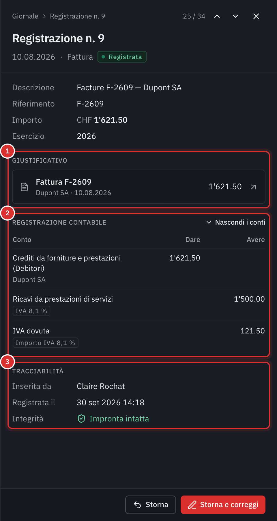 Il pannello di una registrazione: la fattura che la giustifica, le sue righe in dare e in avere e la sua impronta intatta.