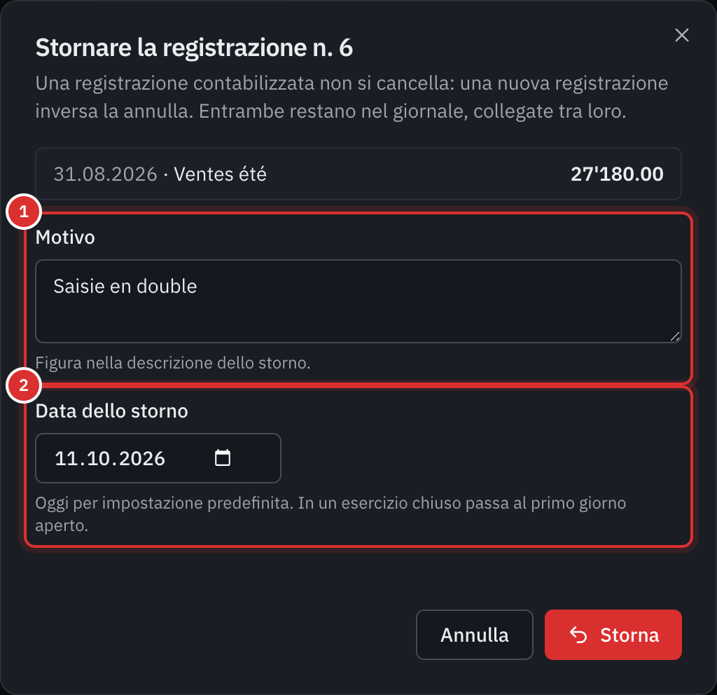 La finestra per stornare la registrazione n. 6: il motivo Inserita due volte e la data dello storno.