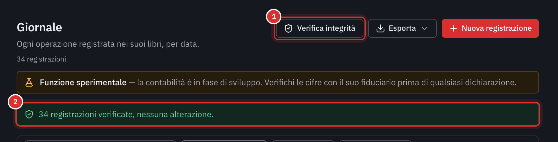 Il risultato della verifica: tutte le registrazioni verificate, nessuna alterazione.