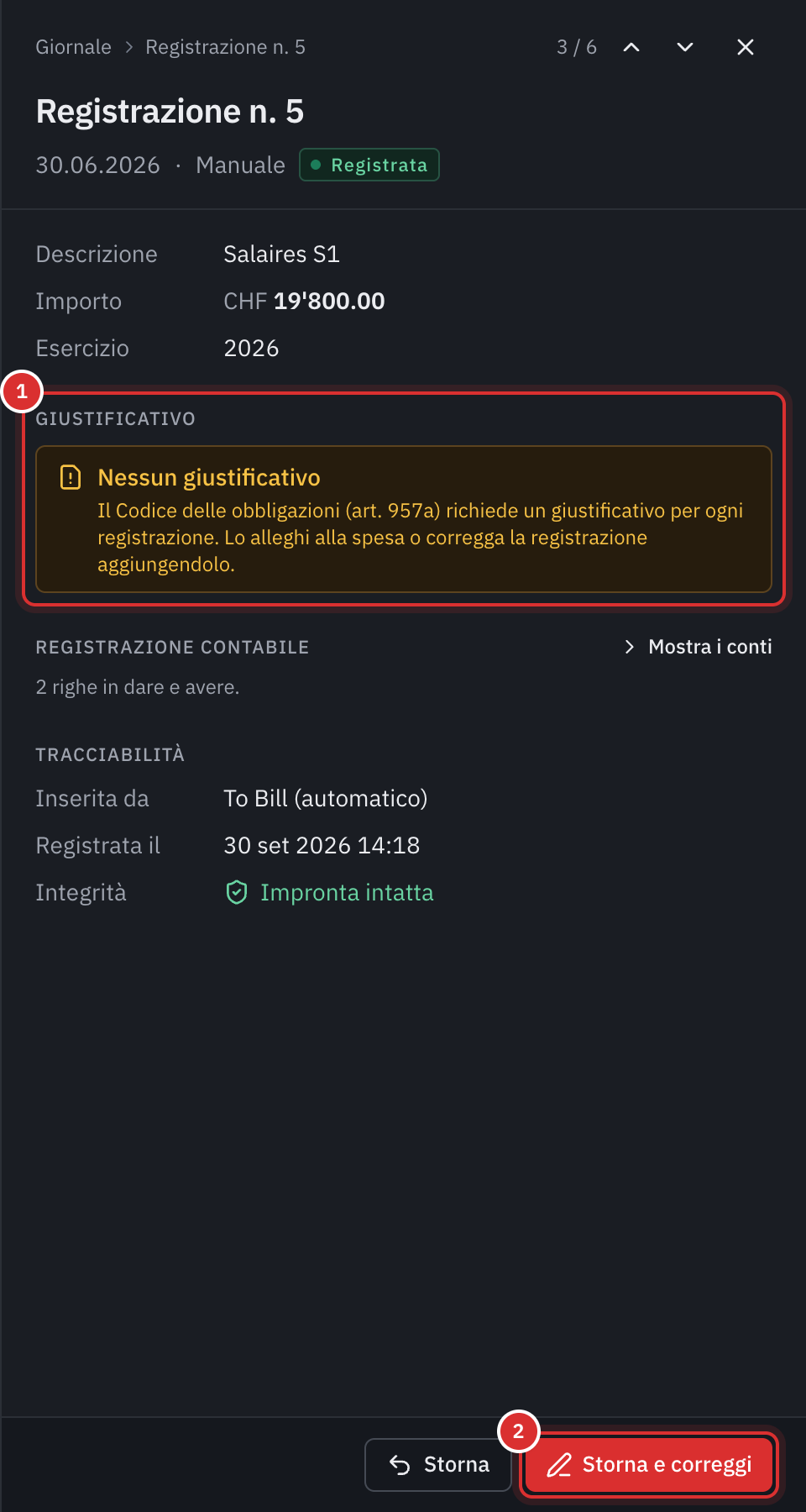 Una registrazione manuale senza giustificativo: il pannello mostra Nessun giustificativo e il pulsante Stornare e correggere.