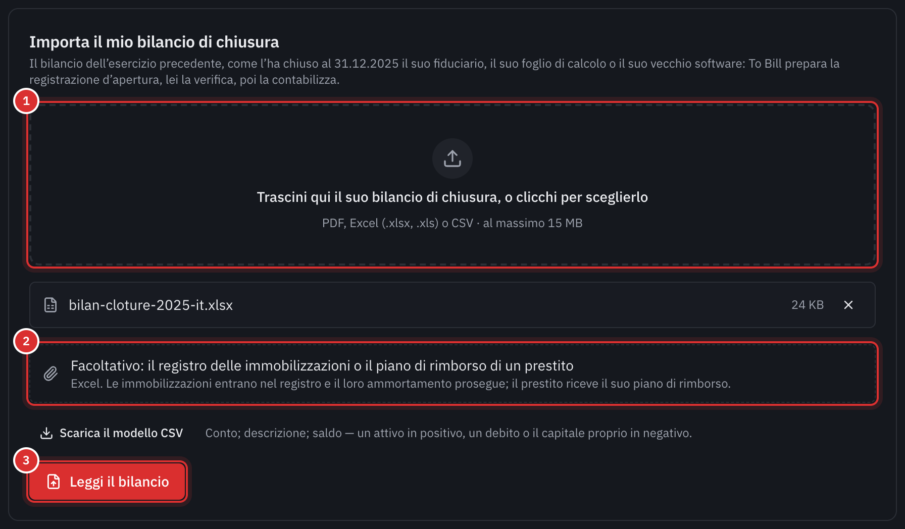 Il riquadro Importa il mio bilancio di chiusura: il file del bilancio scelto, il riquadro facoltativo per il registro delle immobilizzazioni o il piano di rimborso del prestito e il pulsante Leggi il bilancio.