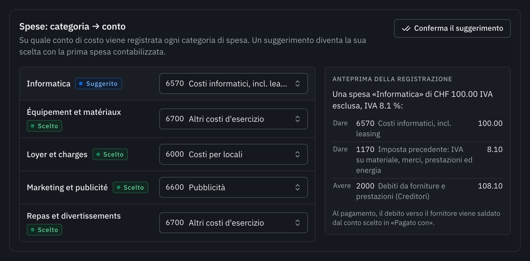 La scheda Spese: categoria → conto, con la categoria Informatica suggerita sul conto 6570 e l’anteprima della registrazione.
