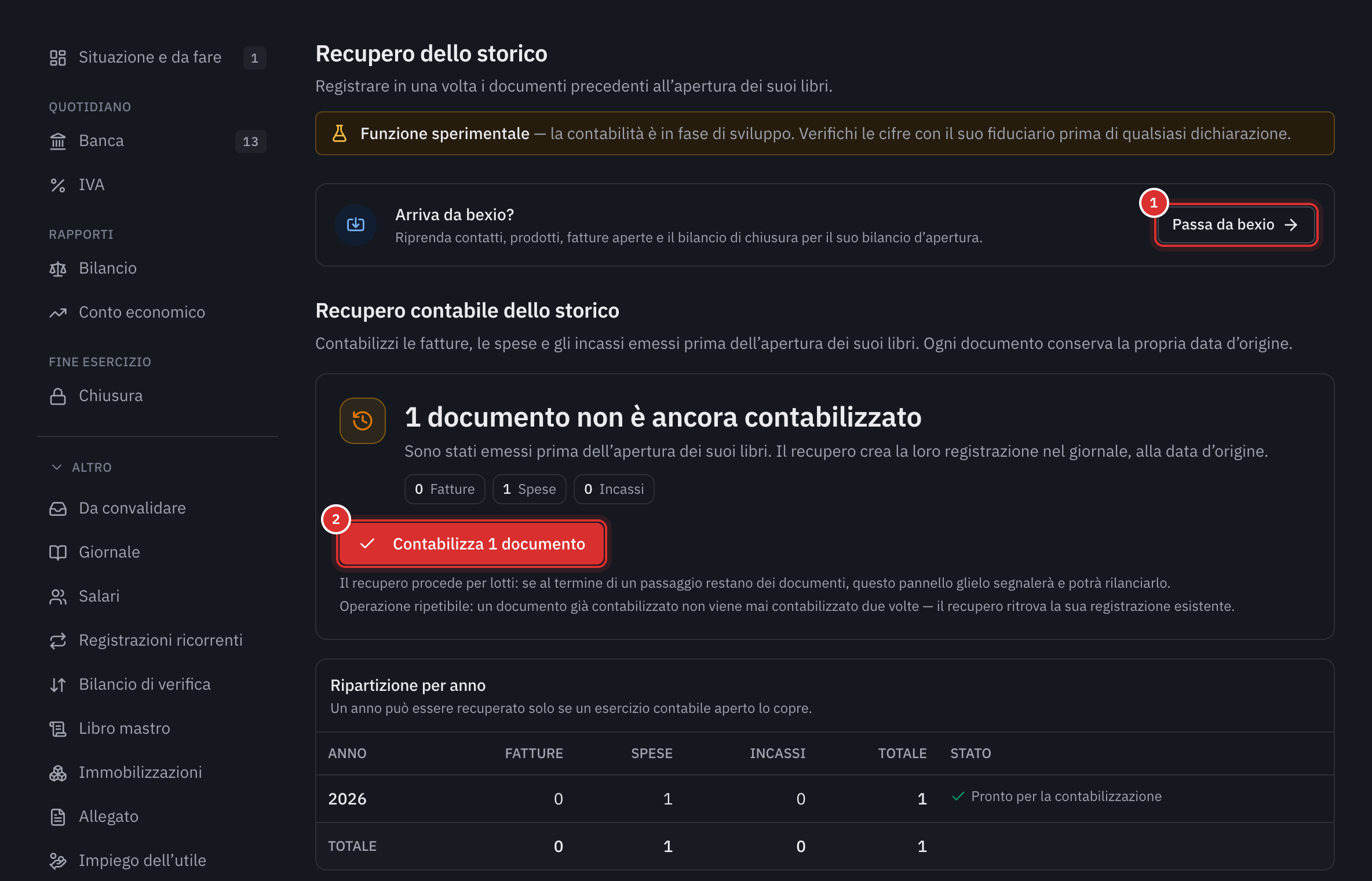 La pagina Recupero dello storico: il link Passare da bexio, un documento non ancora contabilizzato, il pulsante Contabilizza 1 documento e la ripartizione per anno.
