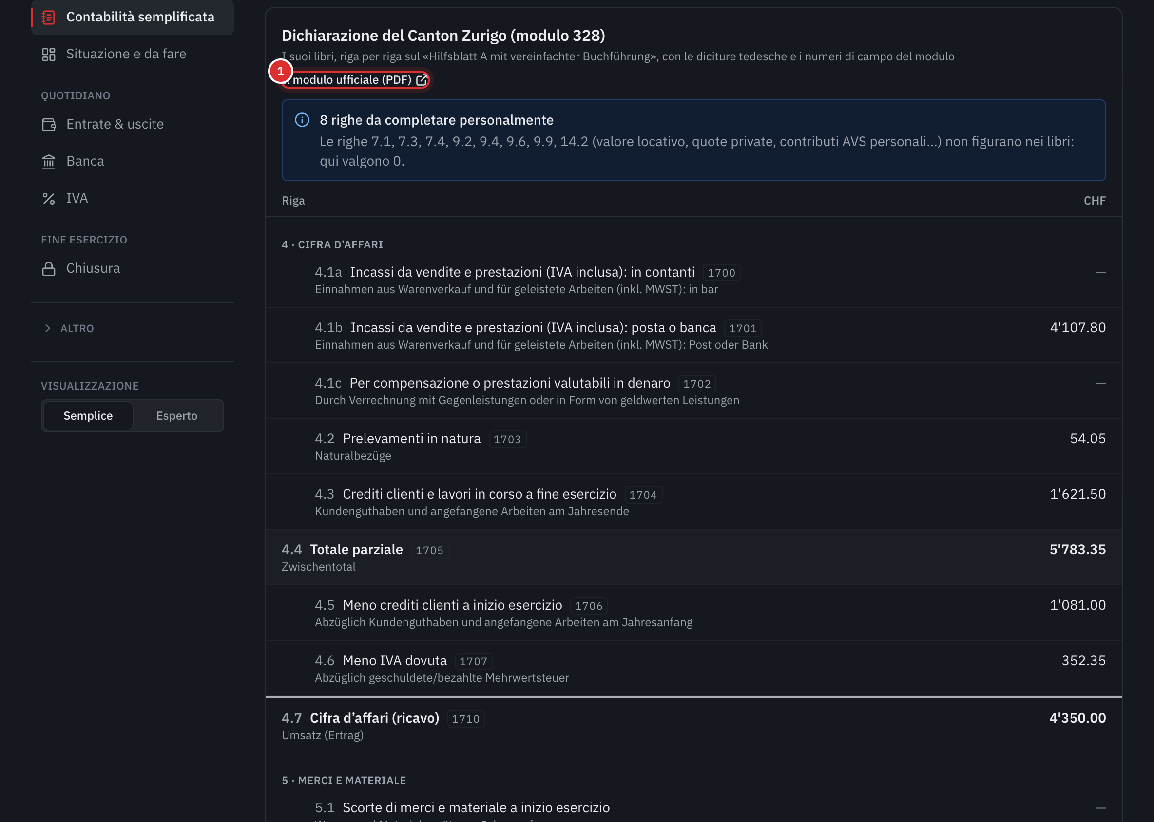 La vista Dichiarazione ZH 328: il link al modulo ufficiale, le righe da completare da sé e le righe della cifra d’affari.