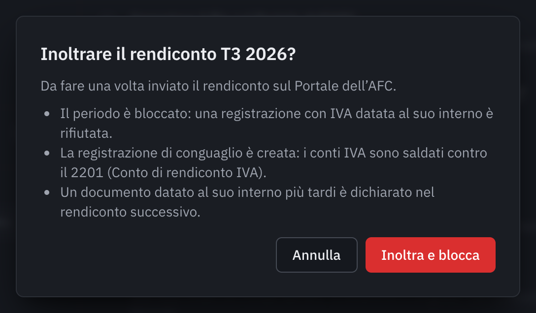 La finestra Inoltrare il rendiconto T3 2026?: il periodo viene bloccato, la registrazione di conguaglio viene creata, un documento tardivo va nel rendiconto successivo.