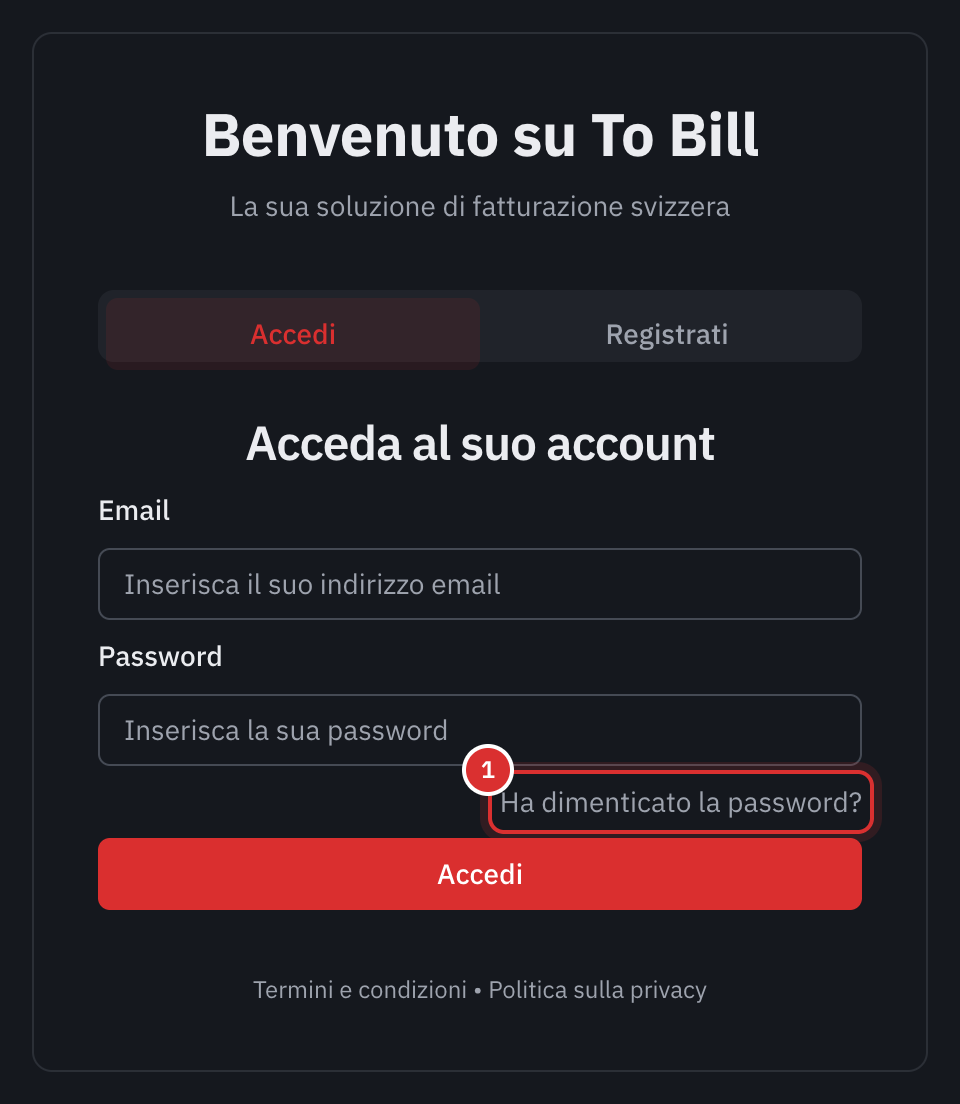 La pagina Acceda al suo account: l’e-mail, la password e il link Ha dimenticato la password?