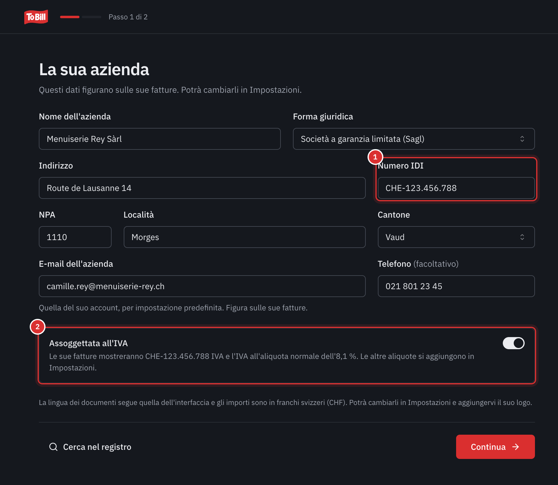 La schermata La sua azienda compilata a mano: nome, forma giuridica Sagl, indirizzo, numero IDI, NPA, località, Cantone Vaud, e-mail, telefono e l’interruttore Assoggettata all’IVA attivato.