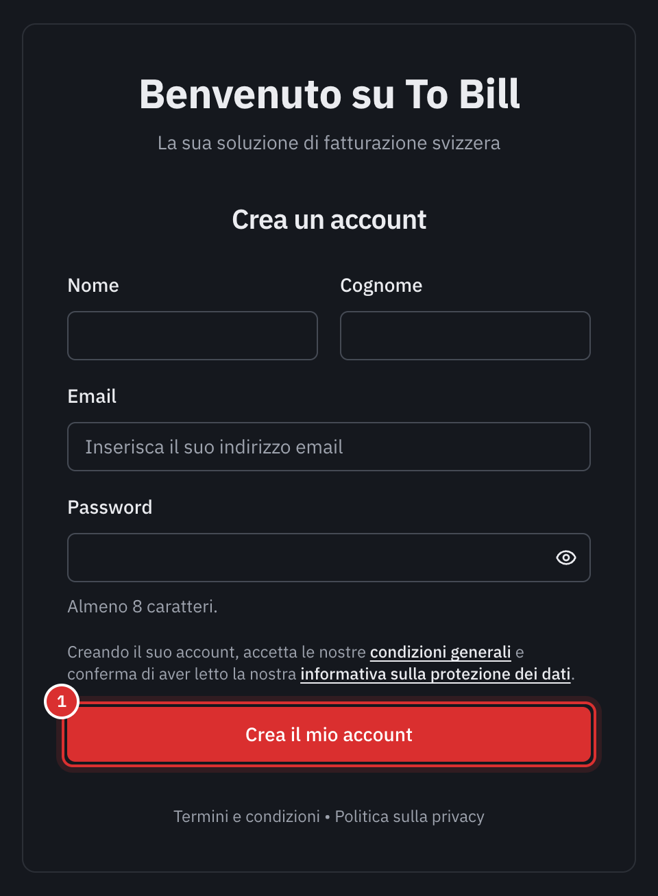 Il modulo Crea un account: nome, cognome, e-mail, password, la frase sulle condizioni generali e il pulsante Crea il mio account.