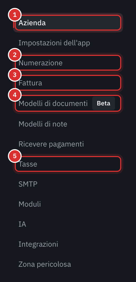 Il menu delle impostazioni, con Azienda, Numerazione, Fattura, Modelli di documenti e Tasse evidenziati.