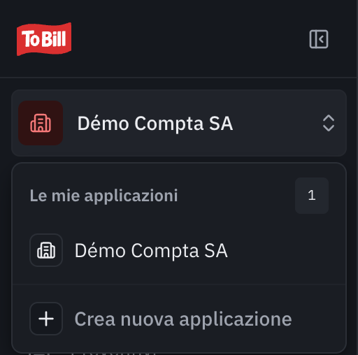 Il selettore dell’azienda aperto: Le mie applicazioni, l’azienda attuale e Crea nuova applicazione.