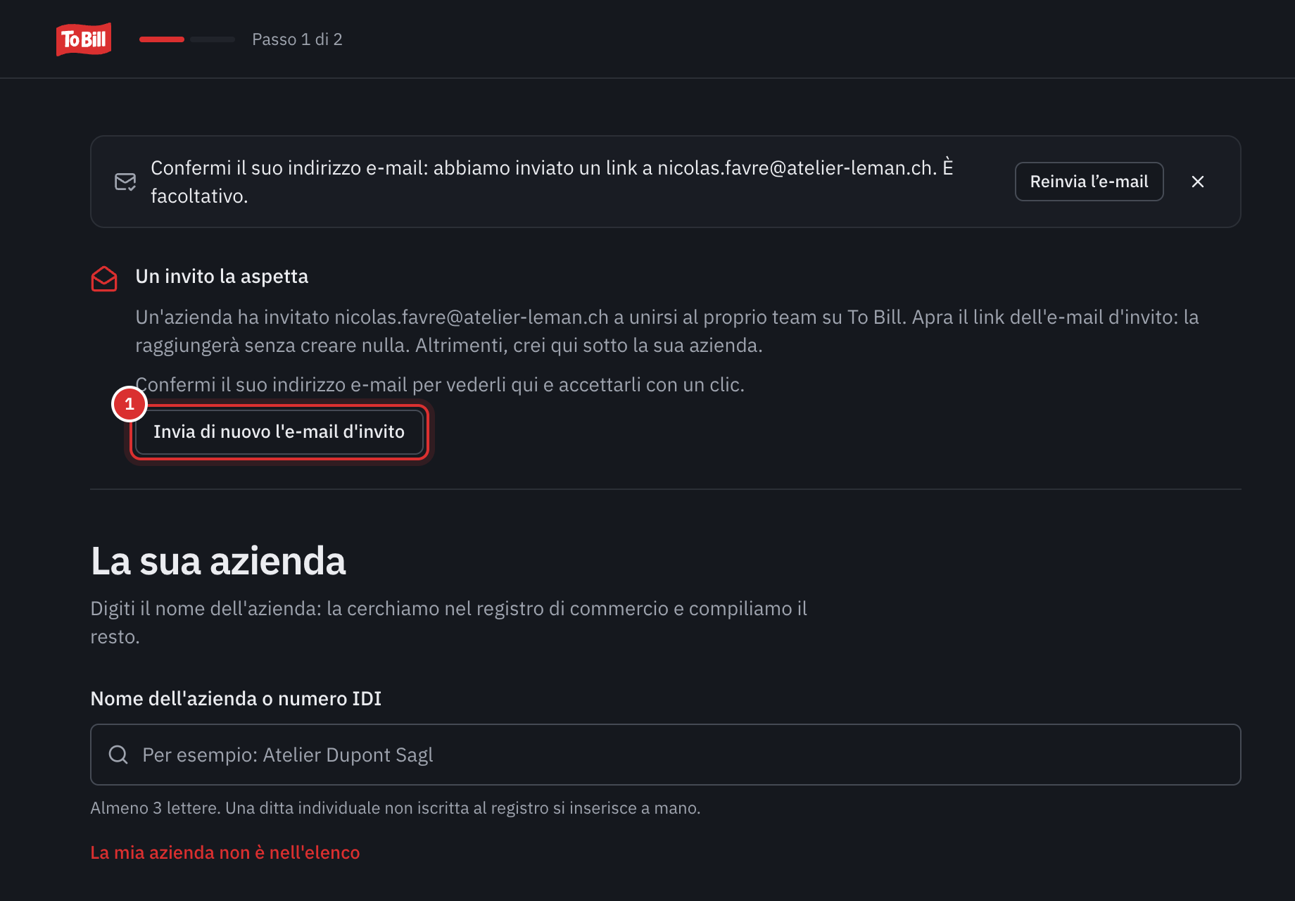 La schermata La sua azienda di un account appena creato: il promemoria Confermi il suo indirizzo e-mail, poi Un invito la aspetta, con la frase sulla conferma dell’indirizzo e il pulsante Inviare di nuovo l’e-mail d’invito.