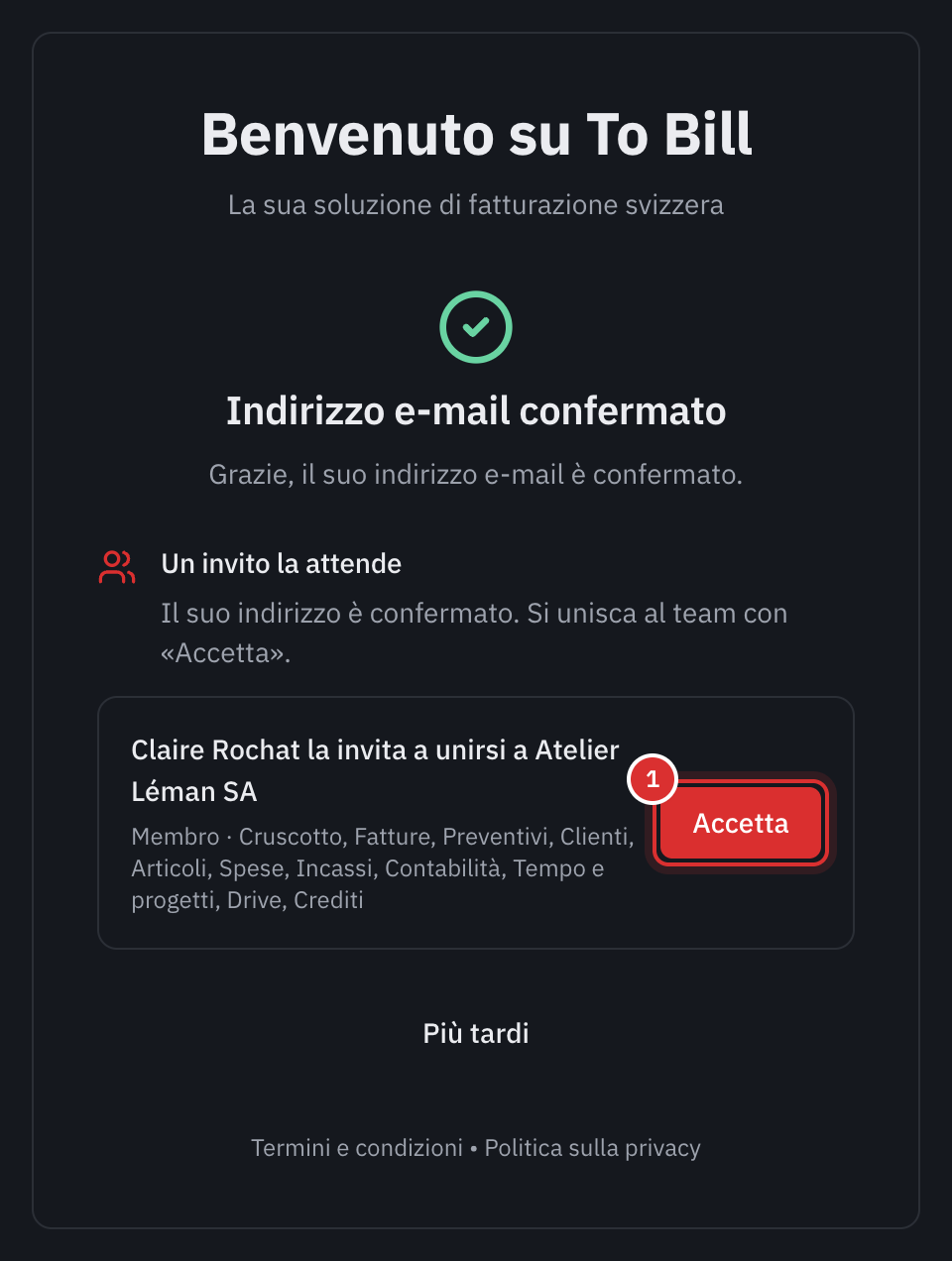La pagina Indirizzo e-mail confermato: Un invito la attende, Claire Rochat la invita a unirsi a Atelier Léman SA, il ruolo Membro e i suoi ambiti, il pulsante Accetta e, sotto, Più tardi.