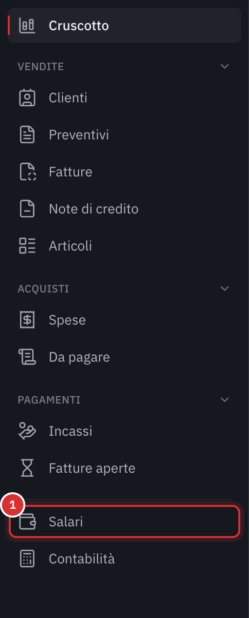 Il menu di sinistra: Vendite, Acquisti e Pagamenti, poi la nuova voce Salari, prima di Contabilità.
