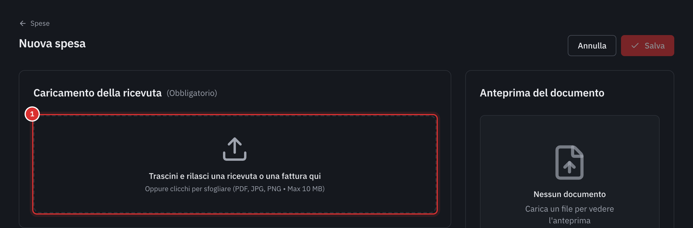 La pagina Nuova spesa: il riquadro Caricamento della ricevuta, contrassegnato come obbligatorio, e l’anteprima del documento a destra.