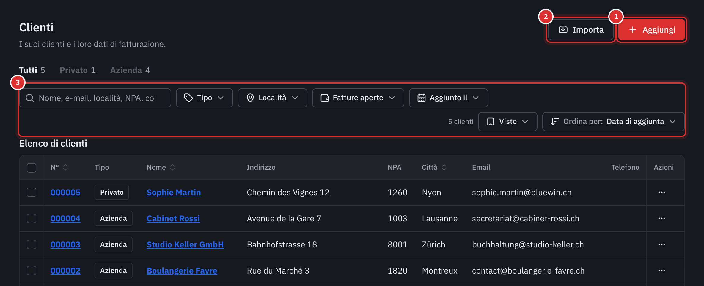 L’elenco dei clienti: i pulsanti Aggiungi e Importa, le schede Tutti, Privato e Azienda, la barra di ricerca e dei filtri, poi la tabella.