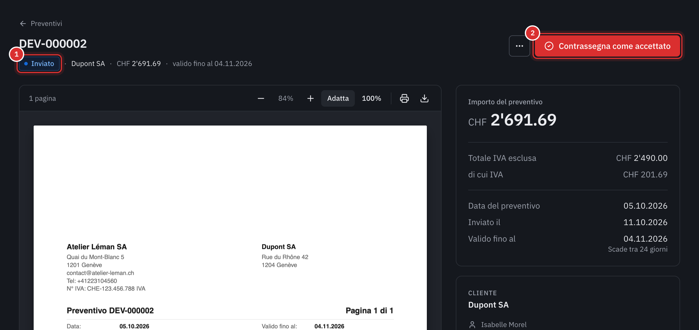 La pagina di un preventivo inviato: lo stato Inviato, il pulsante Contrassegna come accettato, l’anteprima del PDF e l’importo del preventivo.