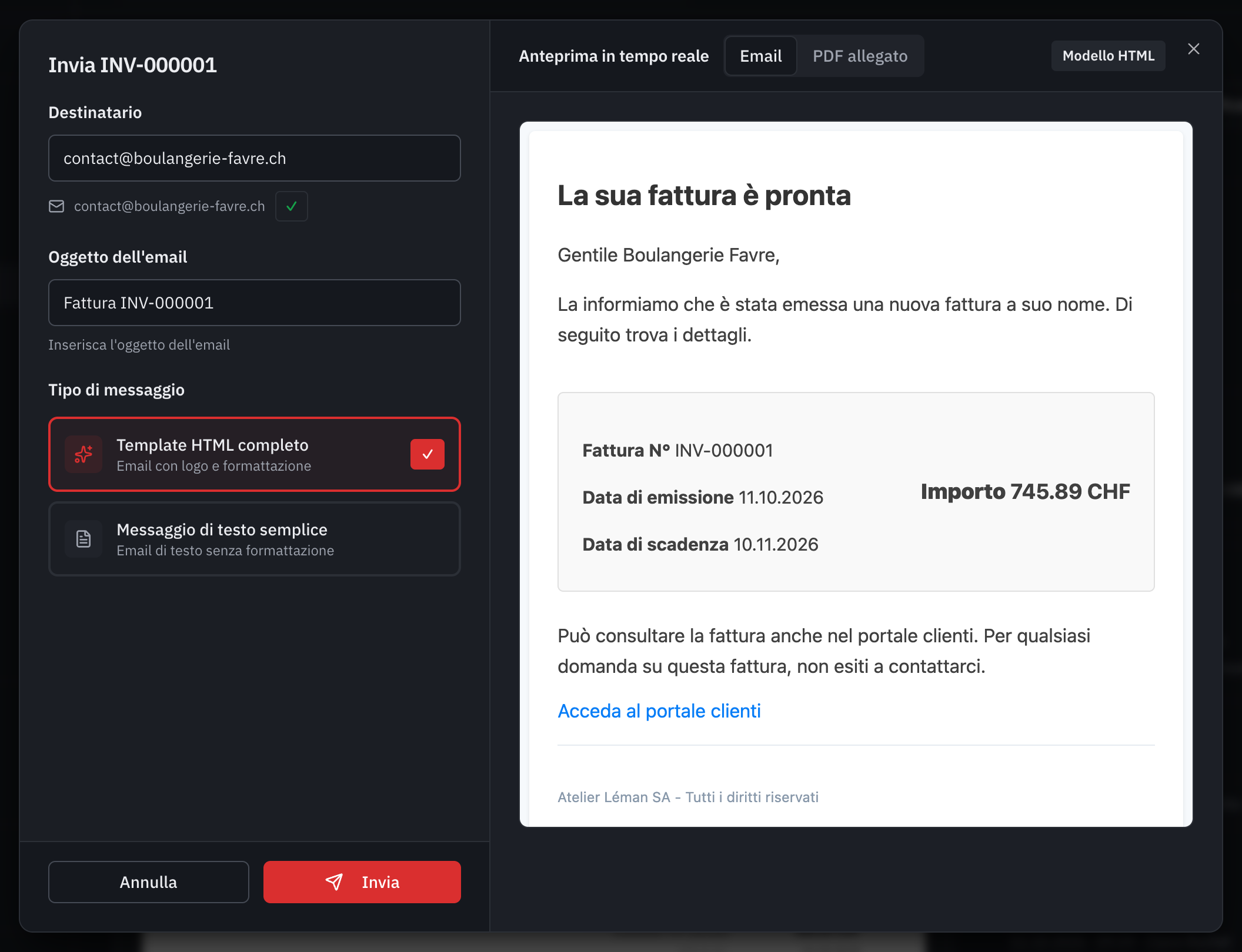 La finestra di invio: il destinatario, gli altri contatti, l’oggetto, il tipo di messaggio e l’anteprima dell’e-mail con il link al portale clienti.