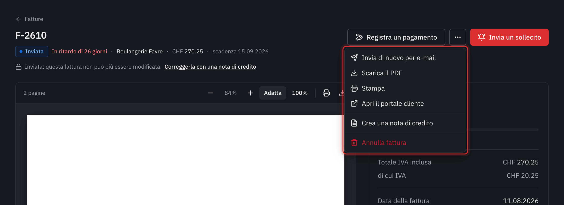 Il menu Altre azioni di una fattura inviata: Invia di nuovo per e-mail, Scarica il PDF, Stampa, Apri il portale cliente, Crea una nota di credito e Annulla fattura.