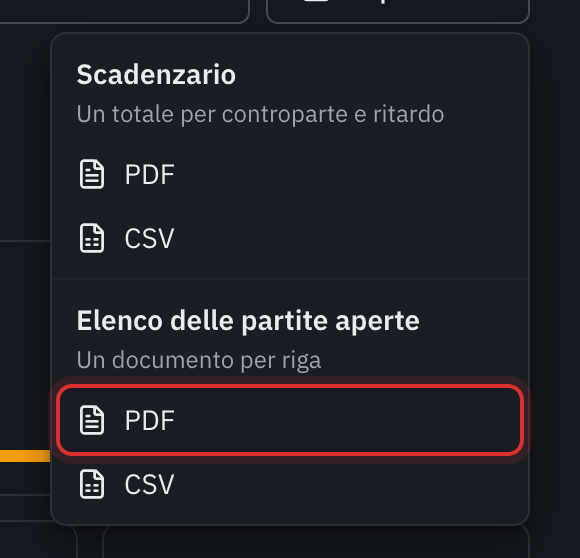 Il menu Esporta: Scadenzario in PDF o CSV, Elenco delle partite aperte in PDF o CSV.