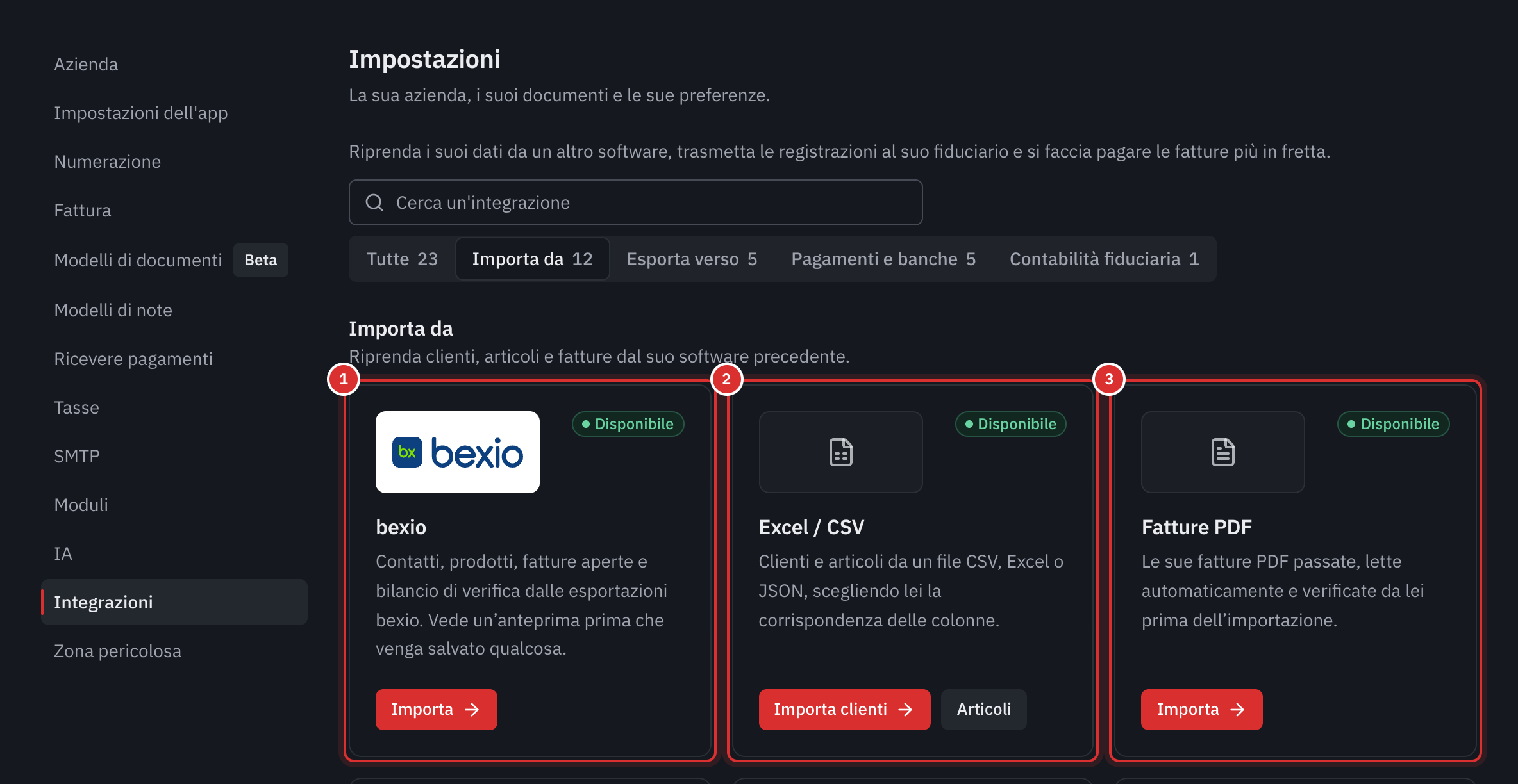 Impostazioni, Integrazioni, categoria Importa da: le schede bexio, Excel / CSV e Fatture PDF, disponibili.