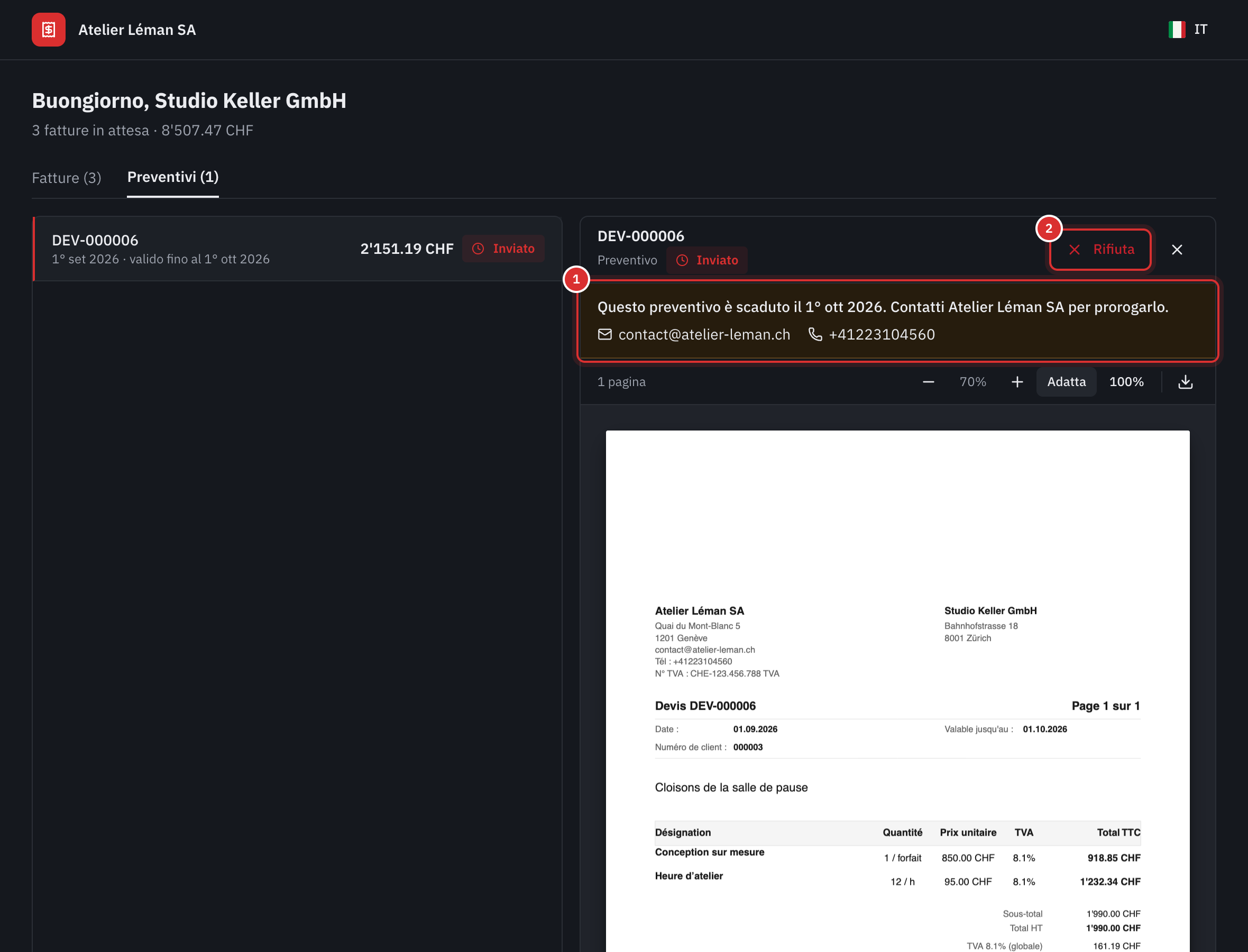 Un preventivo scaduto aperto nel portale del cliente: al posto di Accetta, il messaggio Questo preventivo è scaduto il 01 ott 2026. Contatti Atelier Léman SA per prorogarlo., con l’e-mail e il telefono dell’azienda, e il pulsante Rifiuta.