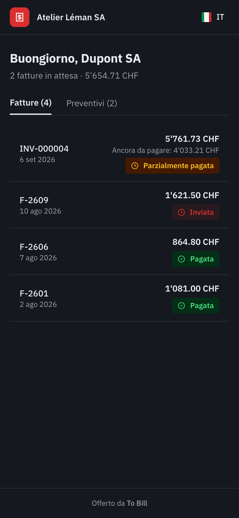Il portale clienti su un telefono, con l’elenco delle fatture.