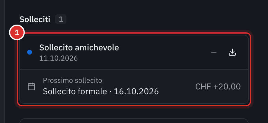 La sezione Solleciti di una fattura: un sollecito amichevole inviato e il prossimo sollecito, un sollecito formale con 20 CHF di spese.