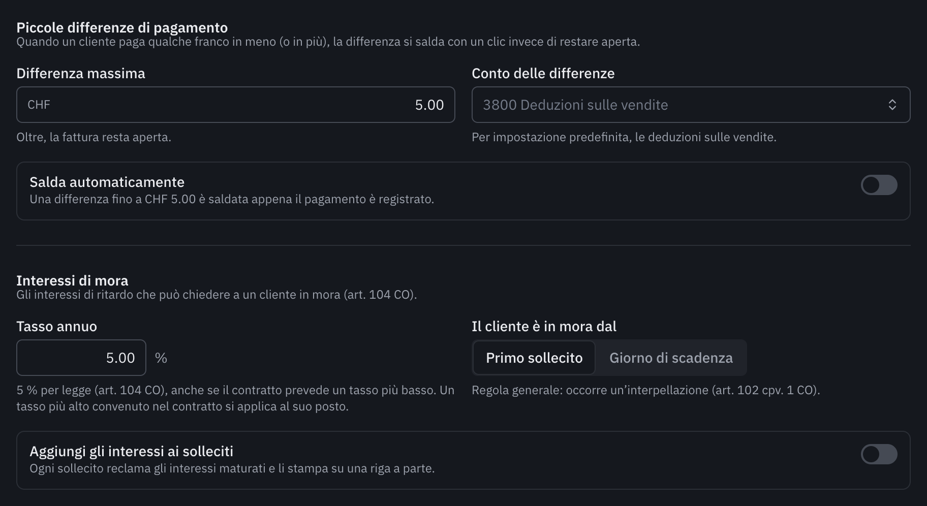 La sezione Differenze e interessi di mora: le piccole differenze di pagamento, il tasso annuo del 5 %, l’inizio della mora al primo sollecito e l’opzione di aggiungere gli interessi ai solleciti.