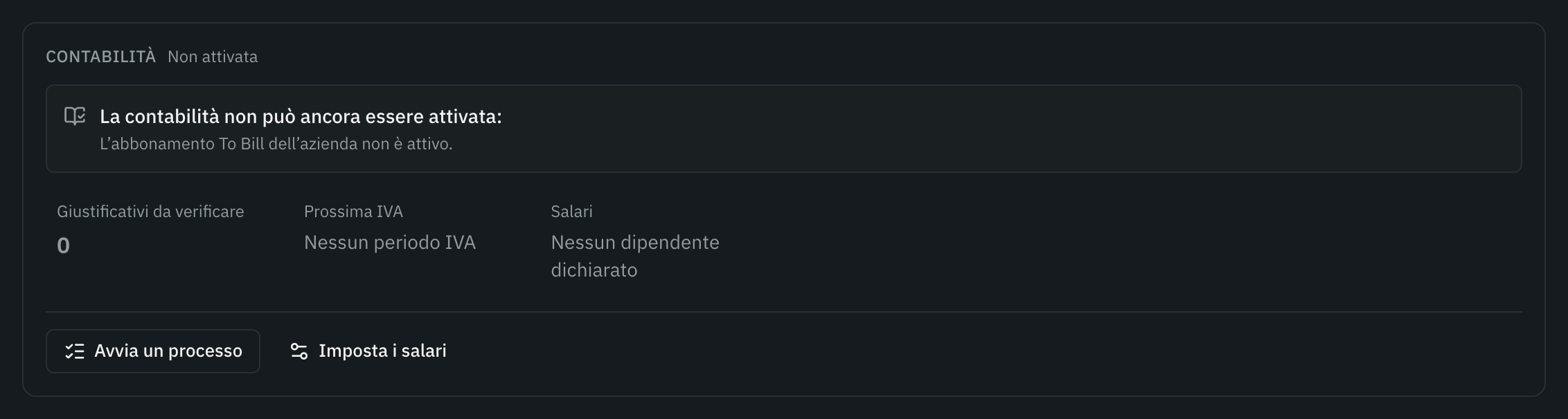 Il riquadro Contabilità di un mandato: la contabilità non può ancora essere attivata, perché l’abbonamento dell’azienda non è attivo.
