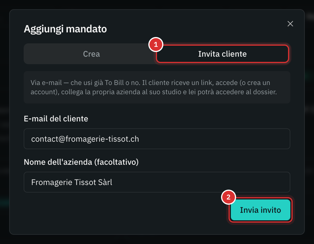 La finestra Aggiungi mandato, scheda Invita cliente: l’e-mail del cliente, il nome della sua azienda e il pulsante Invia invito.