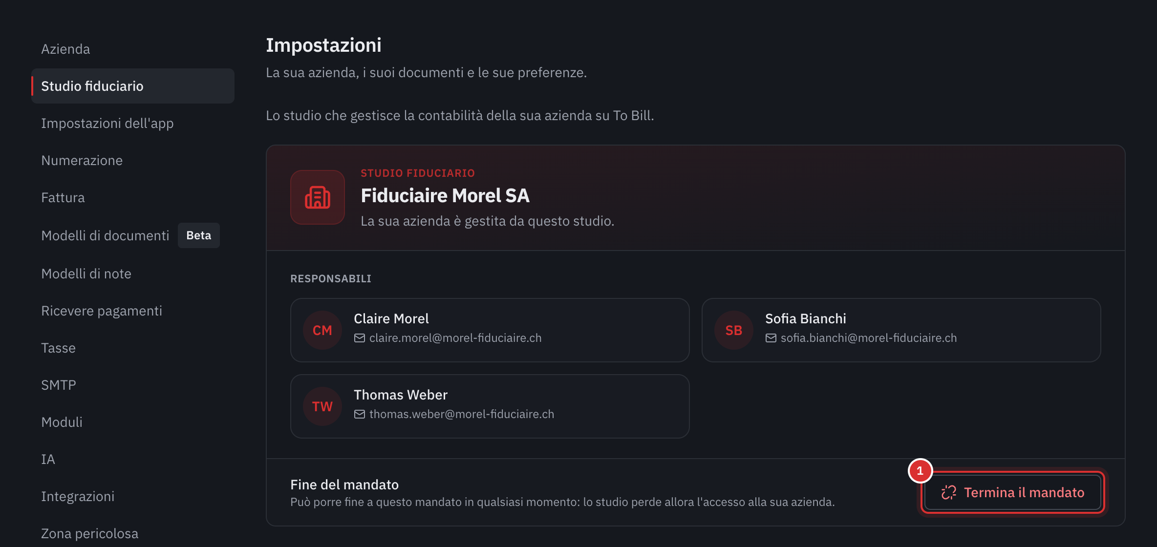 La pagina Studio fiduciario del cliente: lo studio, i suoi referenti e il pulsante Termina il mandato.