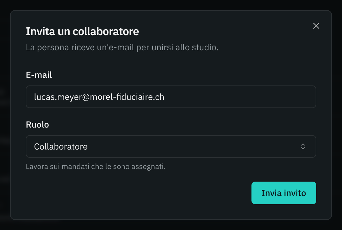 La finestra Invita un collaboratore: l’e-mail, il ruolo Collaboratore e il pulsante Invia invito.