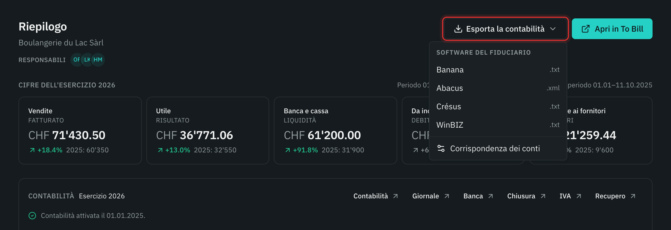 Il menu Esporta la contabilità: Banana, Abacus, Crésus, WinBIZ e Corrispondenza dei conti.